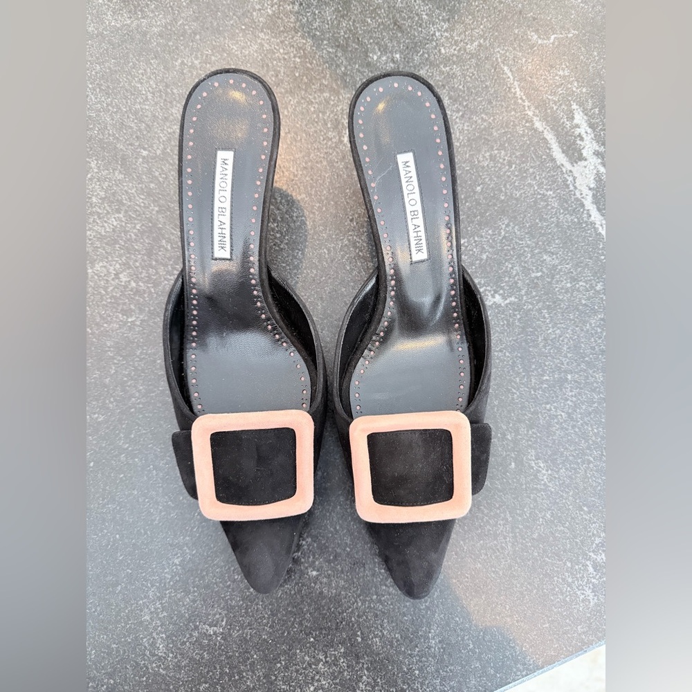 Manolo Blahnik Maysale 50 mm Buckle Suede Mules Black Pink Size 41